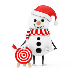 Poster - Snowman in Santa Claus Hat Person Character with Archery Target with Dart in Center. 3d Rendering