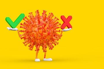 Aufkleber - Cartoon Coronavirus COVID-19 Virus Mascot Person Character with Red Cross and Green Check Mark, Confirm or Deny, Yes or No Icon Sign. 3d Rendering