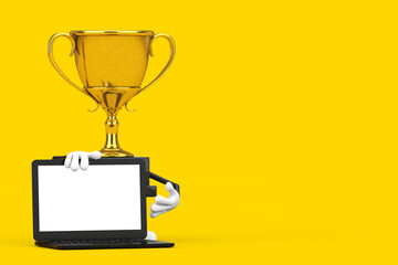 Leinwandbilder - Golden Award Winner Trophy Mascot Person Character with Modern Laptop Computer Notebook and Blank Screen for Your Design. 3d Rendering