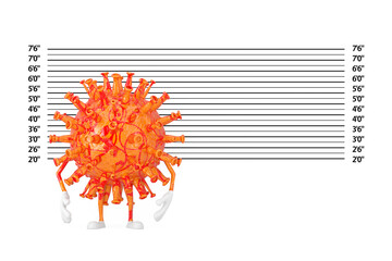 Aufkleber - Cartoon Coronavirus COVID-19 Virus Mascot Person Character in front of Police Lineup or Mugshot Background. 3d Rendering