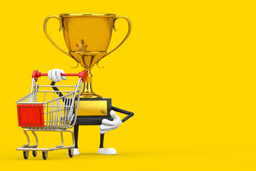 Sticker - Golden Award Winner Trophy Mascot Person Character with Shopping Cart Trolley. 3d Rendering