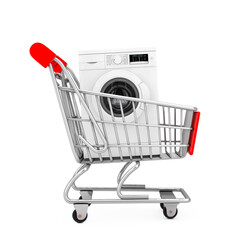 Poster - Modern White Washing Machine in Shopping Cart Trolley. 3d Rendering