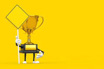Aufkleber - Golden Award Winner Trophy Mascot Person Character with Yellow Road Sign and Free Space for Yours Design. 3d Rendering
