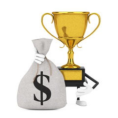 Poster - Golden Award Winner Trophy Mascot Person Character with Tied Rustic Canvas Linen Money Sack or Money Bag with Dollar Sign. 3d Rendering