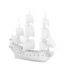 Wall Mural - White Vintage Tall Sailing Ship, Caravel, Pirate Ship or Warship in Clay Render Style. 3d Rendering