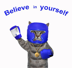 Wall Mural - A gray cat athlete with a golden first place medal dressed a blue boxing uniform. Believe yourself. White background. Isolated.