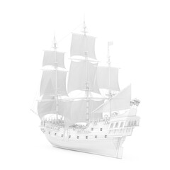 Wall Mural - White Vintage Tall Sailing Ship, Caravel, Pirate Ship or Warship in Clay Render Style. 3d Rendering