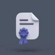 3d simple certificate or diploma icon with blue stamp and bent corner on grey pastel background. Hight quality 3d illustration.