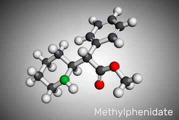 Poster - Methylphenidate, MP, MPH molecule. It is central nervous system stimulant. Used in treatment of Attention-Deficit Hyperactivity Disorder, ADHD. Molecular model. 3D rendering