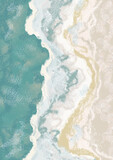 Fototapeta Boho - Boho Sea Beach with Waves Print.. Abstract Background. Bohemian printable wall art, boho poster, pastel abstract art, landscape drawing, sea painting. Abstract Arrangements.