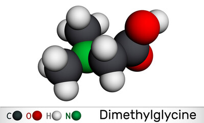 Poster - Dimethylglycine, DMG, N,N-dimethylglycine molecule. It is derivative of the amino acid glycine. Molecular model. 3D rendering