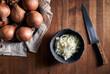 © Ramon Lopez/ADDICTIVE STOCK - Top view of rustic bowl with pieces of cut onion placed near knife on lumber table in kitchen