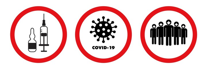 Vector Set of 3 Flu signs, stickers, badges in red circles. Vaccination, stop the virus, flu shot, crowd of people in medical masks. Flu labels design isolated on white background.