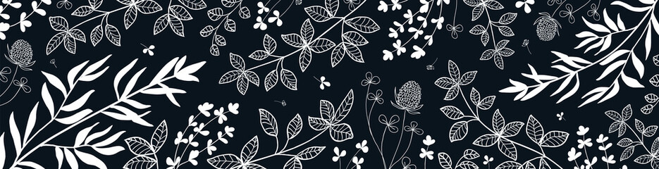 Wall Mural - floral vector banner with leaves, plants. abstract natural elements in doodle style. silhouette of p