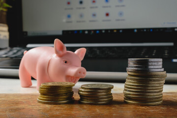 Tower of coins and piggy bank