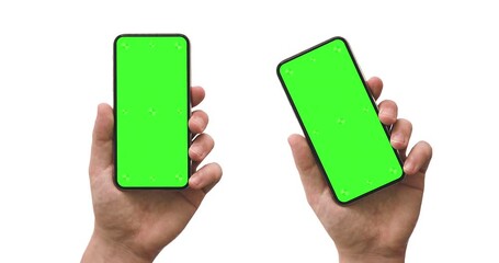 Wall Mural - smartphone blank green screen in man hand - alpha matte included. vertical and angled position of th