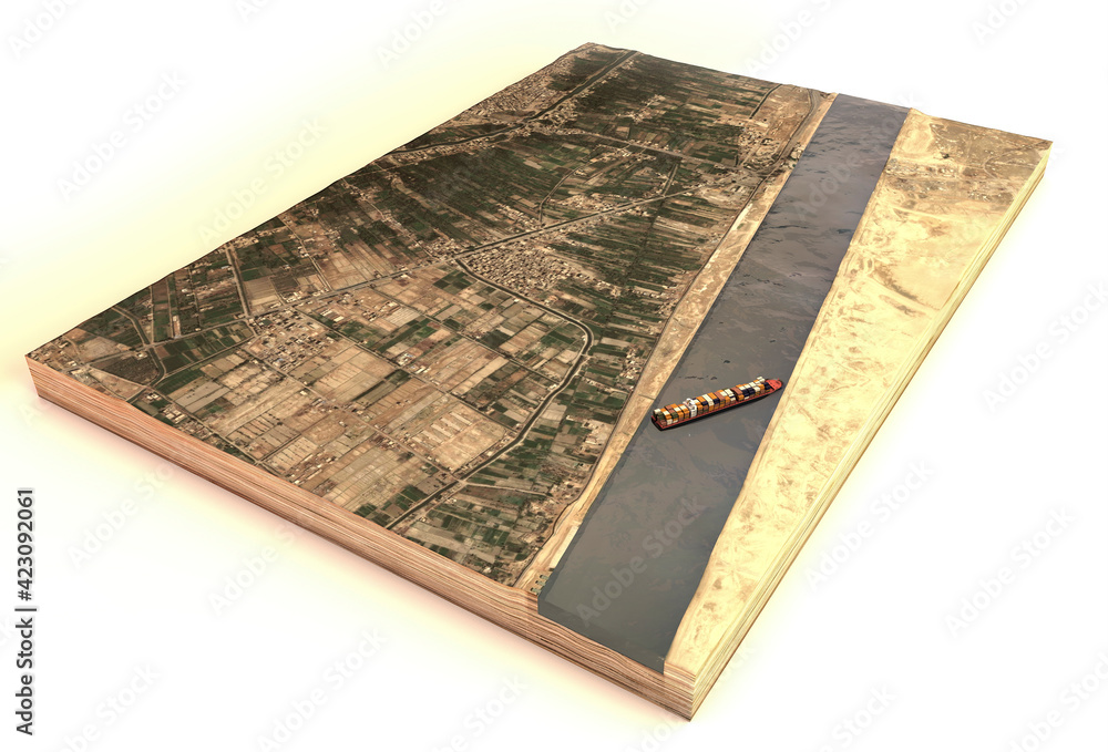 Satellite view of the Suez Canal. Reconstruction of the container ship stranded in the canal. Cargo ship wedged in Suez Canal causes traffic jam. Egypt. Ever Given. 3d render - obrazy, fototapety, plakaty 