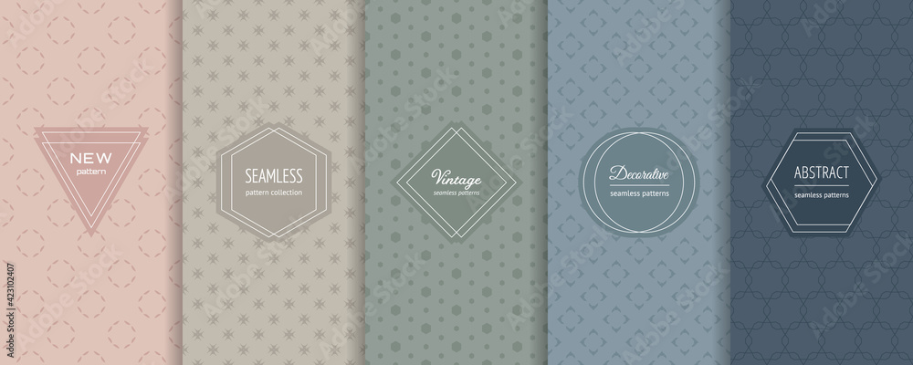 Vector minimalist seamless patterns collection. Set of abstract geometric textures in trendy pastel colors, powdery, green, blue. Elegant modern minimal labels. Design template for decor, banner, ads - obrazy, fototapety, plakaty 