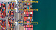 © AU USAnakul - Loading and unloading of containers crane truck and special truck. Container ship, Business logistic import-export transport international and transportation of containers in port , Aerial at sunset