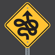Crazy Curved Winding Twisted Road Ahead Highway Sign.
Vector Illustration Of Road Warning Sign Showing Curvy Twisting Road.