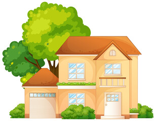 Wall Mural - Front of a house with many tree isolated on white background