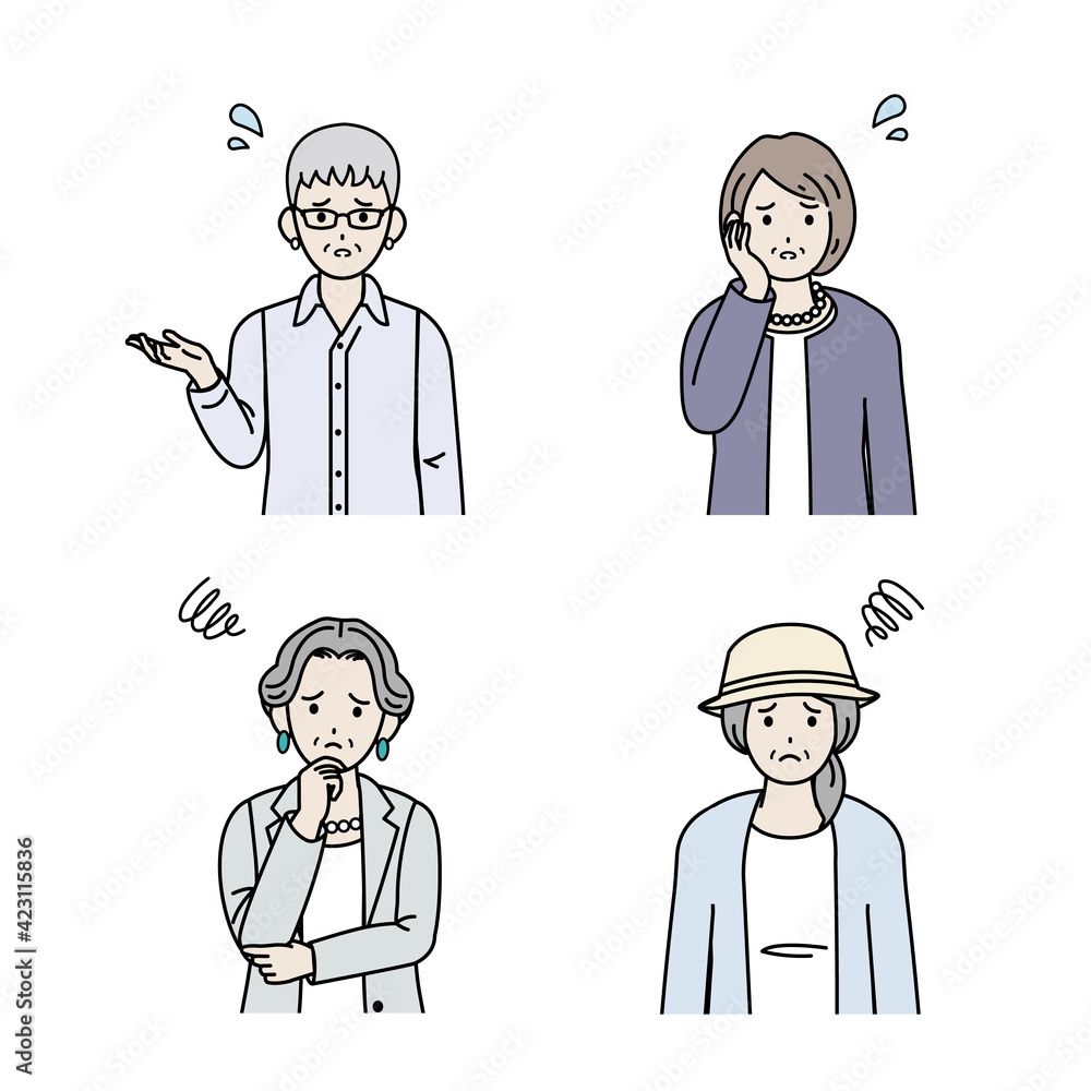 Fototapeta 年配の女性 シニア 高齢者 人々 困る 悩む 不満 ポーズ 仕草 セット イラスト素材 W Wieku W Wieku Troska Fototapety Foteks