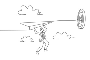 Wall Mural - single continuous line drawing young business man hanging on flying paper aircraft into target. busi