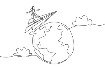 Wall Mural - single one line drawing young smart business man flying with paper airplane around the world. busine