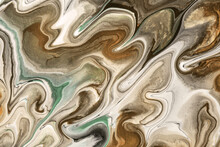 Abstract Fluid Art Background Beige And Brown Colors. Liquid Marble. Acrylic Painting With White Lines And Gradient.