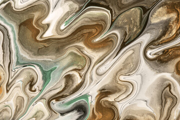 Abstract fluid art background beige and brown colors. Liquid marble. Acrylic painting with white lines and gradient.