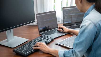 Wall Mural - asian programmer woman holding pen and writing code with data website or data applications