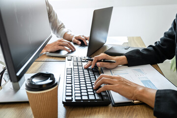 Poster - Business team investment working with computer, planning and analyzing graph stock market trading with stock chart data, business financial investment planning concept