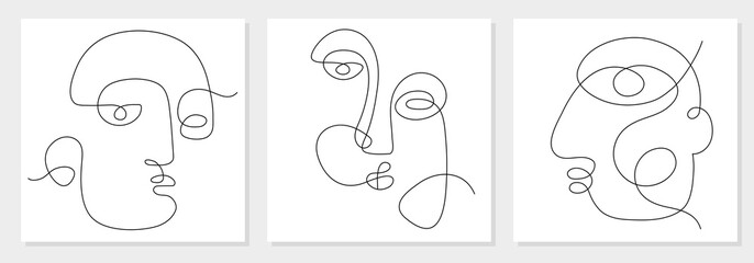 One line drawing abstract face. Modern continuous line art man and woman portrait, minimalist print. Vector illustration