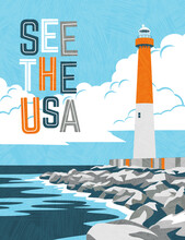 Retro Travel Poster Design Of Lighthouse And Rocky Coast. For Poster, Banner, Travel Sticker. Vector Illustration.