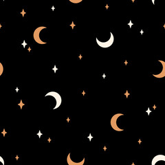 Wall Mural - seamless pattern with moon and stars black background. contemporary composition. boho wall decor. mi