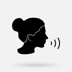 Voice command control with sound waves icon. Speaking logo with black woman head silhouette.