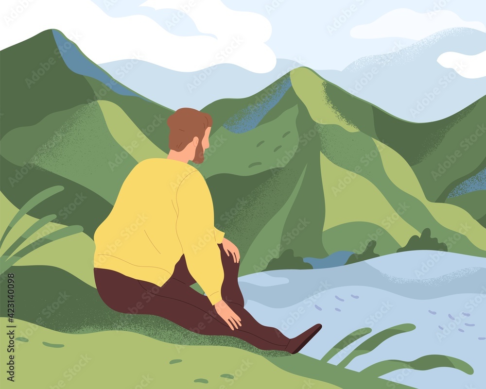 Man resting in nature alone. Thoughtful person sitting on river bank, looking at water and thinking about life in loneliness and calmness. Colored flat vector illustration of guy relaxing in solitude - obrazy, fototapety, plakaty 