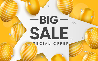 Wall Mural - 3d poster of Big Sale with yellow balloons in realistic design. Special offer discount prices for shop website background. Retail, purchases concept. Vector illustration of advertising web banner