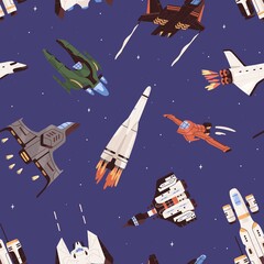 Wall Mural - seamless pattern with spaceships and rockets in space. endless repeatable background with flying mis