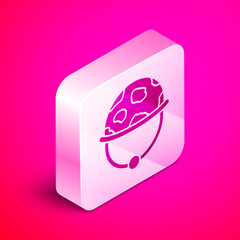 Sticker - Isometric Military helmet icon isolated on pink background. Army hat symbol of defense and protect. Protective hat. Silver square button. Vector