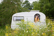 © fStop - Young woman relaxing inside camper trailer in idyllic meadow
