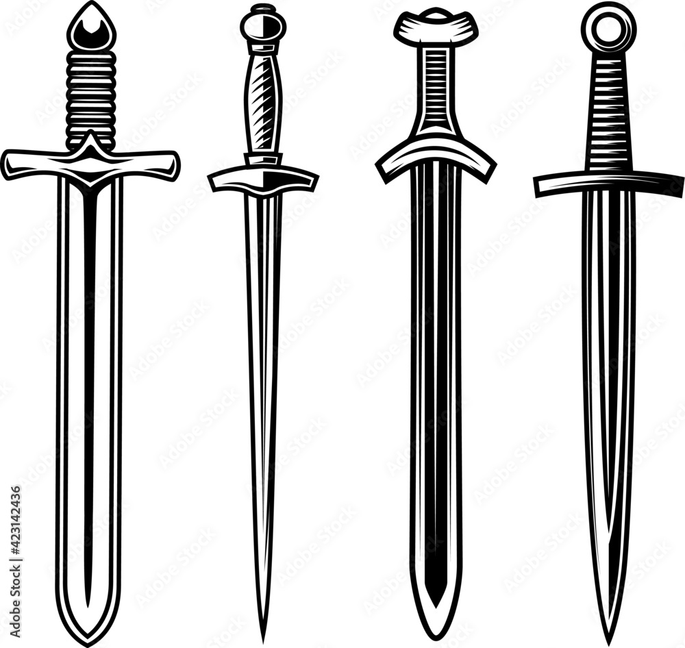 Set of illustrations of knight swords. Design element for logo, label ...
