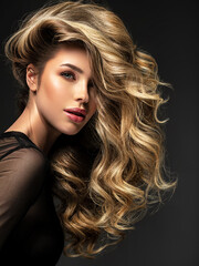 Wall Mural - Portrait of a  beautiful woman with a long hair. Pretty blonde girl with curly hairstyle.