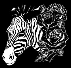 Poster - white silhouette illustration of cute zebra with roses on black background