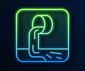 Sticker - Glowing neon line Wastewater icon isolated on blue background. Sewer pipe. From the pipe flowing liquid into the river. Vector