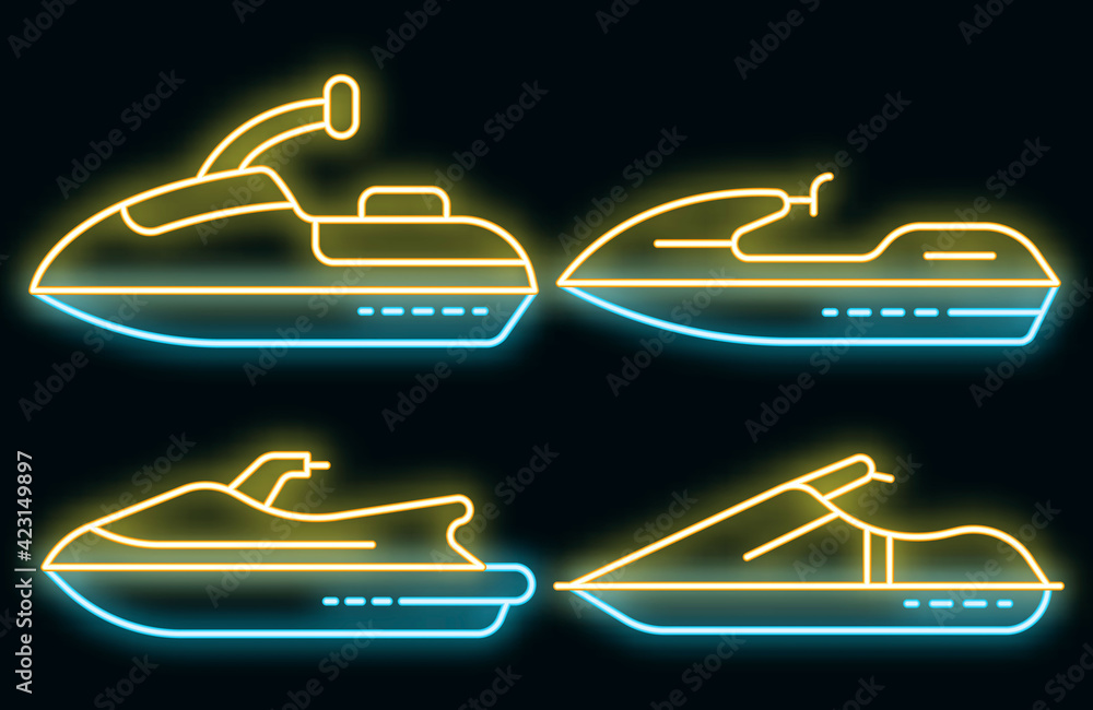Jet ski icons set. Outline set of jet ski vector icons neon color on black - obrazy, fototapety, plakaty 