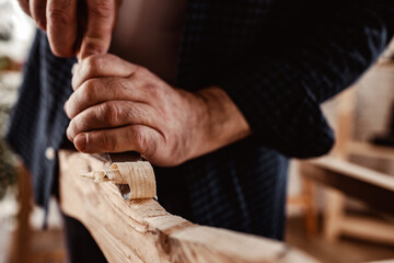 Wall Mural - Hands of a carpenter working with chisel and hammer