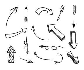 Wall Mural - vector doodle arrows, black drawings set isolated on white background, 3d hand drawn icons.