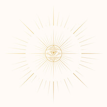 Golden Celestial Evil Eye Illustration. Gold Mystical Moon Print With Sunburst. Vector Isolated.