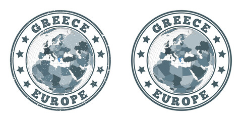 Wall Mural - Greece round logos. Circular badges of country with map of Greece in world context. Plain and textured country stamps. Vector illustration.